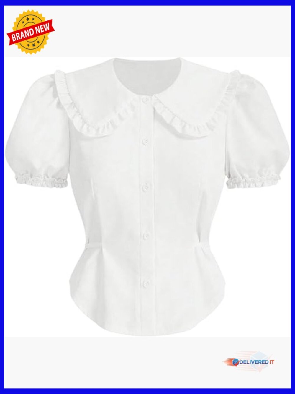 Babydoll Collared Cropped Blouse Top Puff Short Sleeve Ruffle Button Up Fitted